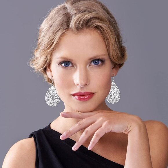 Silver Teardrop Hypoallergenic Exquisite Leaf  Earrings for Women - Picture 2 of 6